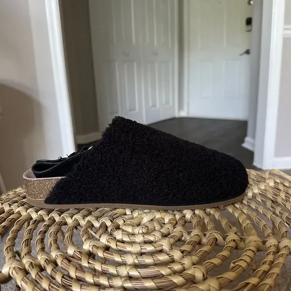 Splendid Clarissa Slipper Women's 8.5 Black Faux Shearling Slingback Cork Shoe - Picture 10 of 11